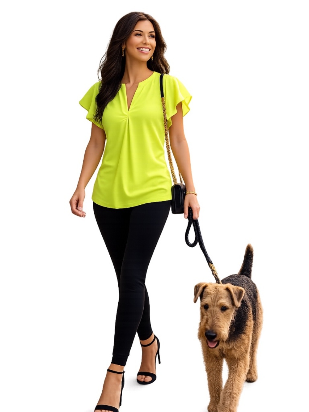 Calvin Klein Size Medium Neon Lime Green Flutter Sleeve Blouse Chartreuse Top